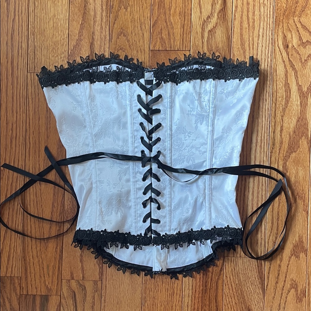 Elegant White Satin and Black Lace Corset